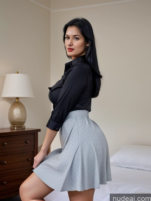 ai nude image of arafed woman in a black shirt and skirt posing on a bed pics of Woman One Perfect Boobs Beautiful Lipstick Big Ass Chubby Long Legs Perfect Body 30s Seductive Black Hair Indian Bedroom Front View Spreading Legs Dress Long Skirt Polo Shirt Abs Tall Sexy Face Long Hair