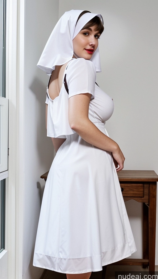 ai nude image of arafed woman in a white dress and a white nun hat pics of Huge Boobs Busty Beautiful Thick Big Hips Chubby Lipstick Fairer Skin Short Hair Perfect Body Cleavage Perfect Boobs Big Ass 30s Italian Partially Nude Simple Nun Woman Dirndl Western