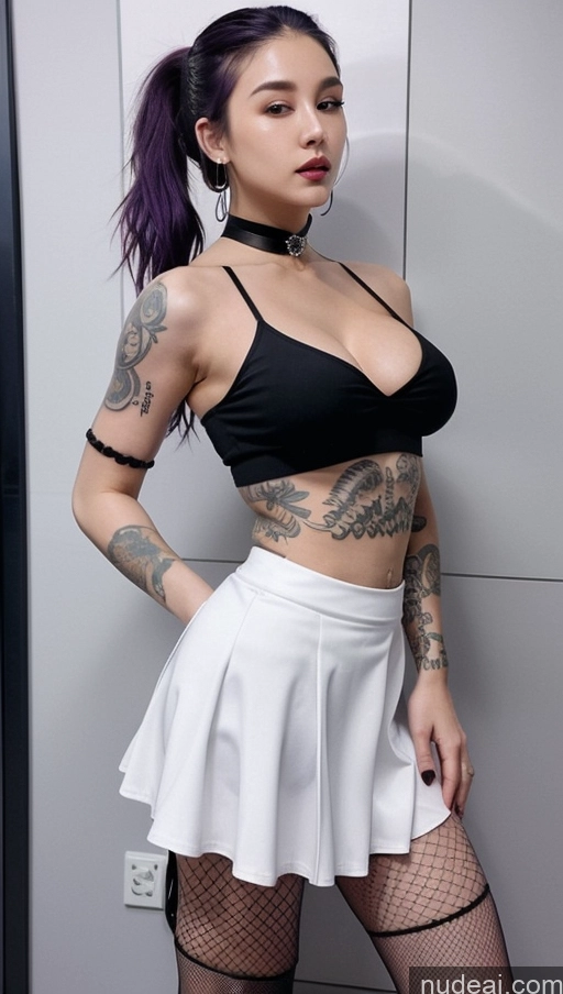 ai nude image of arafed woman with tattoos and a skirt posing for a picture pics of Busty Perfect Boobs Beautiful Tattoos Muscular Perfect Body Fairer Skin 20s Purple Hair Ponytail Korean Choker Crop Top Fishnet Goth Micro Skirt Diamond Jewelry