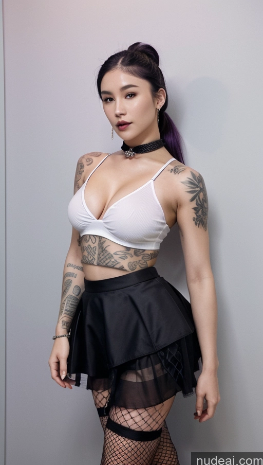 ai nude image of there is a woman with tattoos on her arms and chest pics of Busty Perfect Boobs Beautiful Tattoos Muscular Perfect Body Fairer Skin 20s Purple Hair Ponytail Korean Choker Crop Top Fishnet Goth Micro Skirt Diamond Jewelry