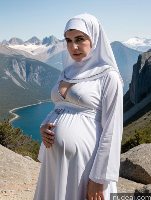 ai nude image of pregnant woman in white dress standing on a mountain overlooking a lake pics of Busty Skinny Short Pregnant Angry Long Hair Woman 50s Black Hair Nun Niqab Victorian Persian Mountains