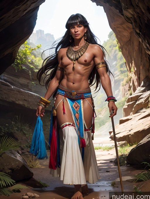 ai nude image of arafed man in native clothing holding a stick and walking through a cave pics of Tanned Skin Native American Traditional Tribal Detailed Cave Long Skirt Thong Fantasy Style Jeff Easley Fr4z3tt4 Bangs