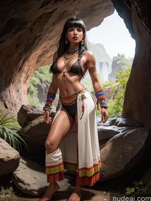 ai nude image of araffe woman in a bikini and headdress posing in a cave pics of Tanned Skin Native American Traditional Tribal Detailed Cave Long Skirt Thong Fantasy Style Jeff Easley Fr4z3tt4 Bangs