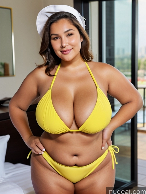 ai nude image of arafed woman in a yellow bikini posing for a picture pics of 80s One Busty Huge Boobs Tanned Skin Microkini Front View Thong Thick Chubby Fat Brazilian Construction Worker Maid