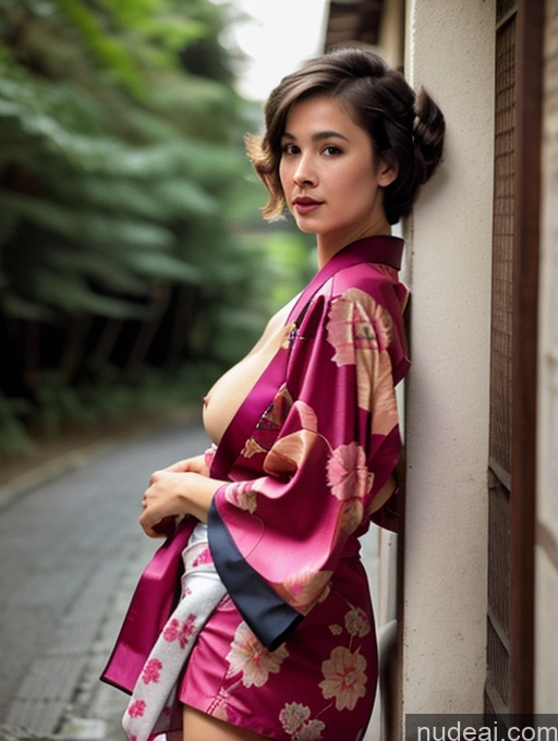 ai nude image of araffe woman in a kimono leaning against a wall pics of Milf One Busty Long Legs Pubic Hair 40s Front View Nude Dark Lighting Sad Brunette Pixie Indonesian Street 60s Kimono