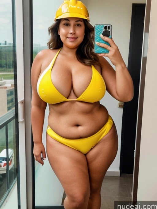 ai nude image of arafed woman in a yellow bikini and hard hat taking a selfie pics of Milf One Busty Huge Boobs Tanned Skin 70s Brazilian Front View Microkini Thong Construction Worker Maid Thick Chubby Fat