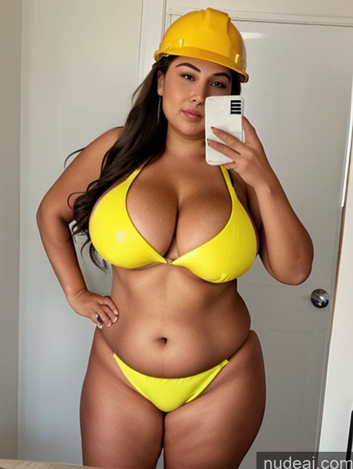 ai nude image of arafed woman in a yellow bikini taking a selfie in a bathroom pics of Milf One Busty Huge Boobs Tanned Skin 70s Indian Front View Maid Microkini Thong Thick Chubby Construction Worker Fat