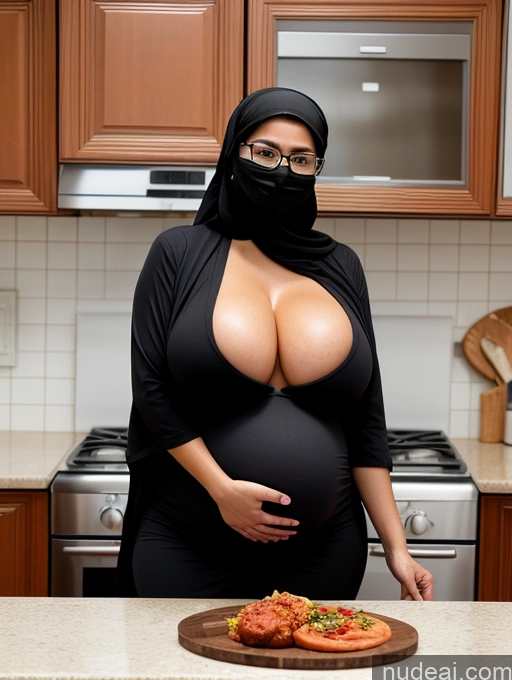 ai nude image of pregnant woman in black dress with black mask standing in kitchen pics of One Busty Huge Boobs Big Hips Big Ass 30s Sexy Face Arabic Film Photo Front View Niqab Detailed Nude Oiled Body Glasses Kitchen Cooking Woman Pubic Hair Pregnant