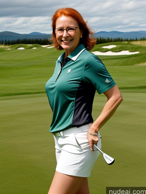 ai nude image of smiling woman in green shirt and white shorts holding a golf club pics of Woman One Happy Front View Irish Meadow Golf Detailed Slicked Glasses 70s Small Tits Small Ass Skinny White Hair