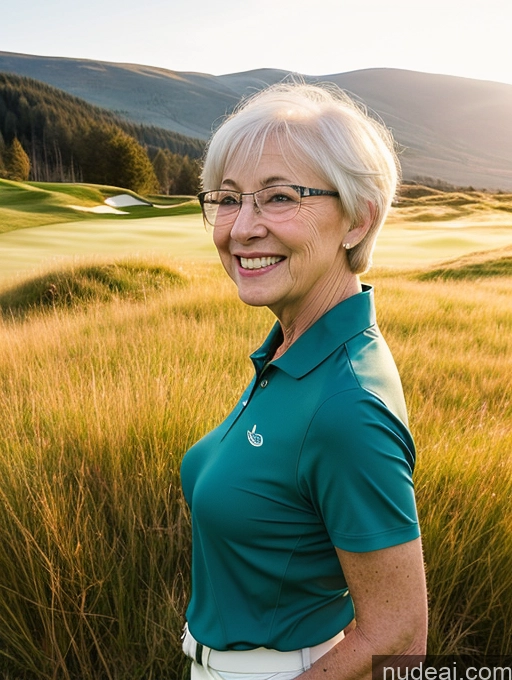 ai nude image of smiling woman in green shirt standing in a field of tall grass pics of Woman One Happy Front View Irish Meadow Golf Detailed Glasses Small Tits Small Ass Skinny White Hair 80s Short Hair