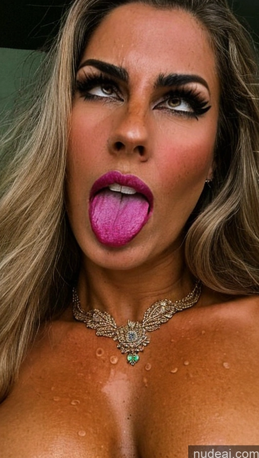 ai nude image of araffed woman with a pink tongue sticking out of her mouth pics of Milf Busty Perfect Boobs Lipstick Big Ass Perfect Body Tanned Skin Oiled Body 50s Serious Angry Ahegao Brunette Straight Brazilian Skin Detail (beta) Blouse Jeans Cleavage Jewelry Detailed Last