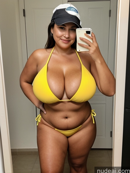 ai nude image of araffe woman in a yellow bikini taking a selfie in a mirror pics of Milf One Busty Huge Boobs Tanned Skin 70s Indian Front View Microkini Thong Thick Chubby Construction Worker Maid