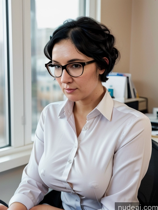 ai nude image of there is a woman sitting at a desk with a laptop computer pics of Glasses 30s Sad Black Hair British Wife Or Girlfriend Busty Fat Pixie Office Blouse Close-up View