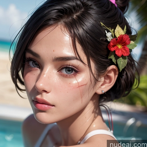 ai nude image of there is a woman with a flower in her hair near a pool pics of Beautiful Skin Detail (beta) Detailed Model 20s One Piece Swimsuit Close-up View