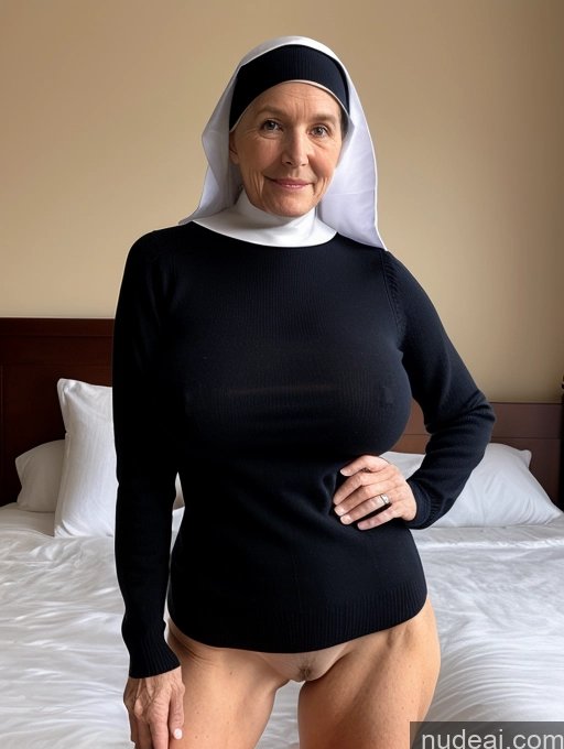 ai nude image of arafed nun in a black shirt and white head scarf poses on a bed pics of Milf Huge Boobs Perfect Boobs Small Ass Skinny Perfect Body Pubic Hair Fairer Skin 70s Irish Bedroom Nun Sweater Partially Nude