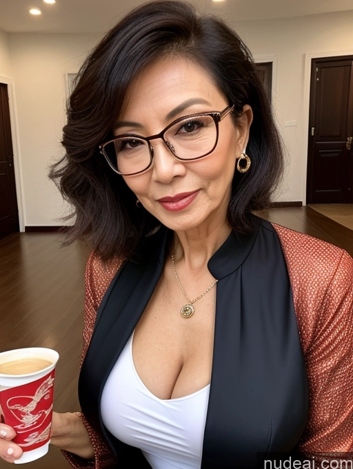 ai nude image of woman with glasses holding a cup of coffee in a room pics of Milf Perfect Boobs Beautiful Glasses Perfect Body Seductive Pixie Chinese Party Blouse Casual Jacket Professor Secretary Shirt Stylish Suit Cleavage Detailed Sexy Face 70s