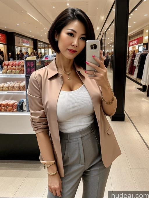 ai nude image of araffe woman taking a selfie in a store with a cell phone pics of Milf Perfect Boobs Beautiful Perfect Body 60s Seductive Pixie Chinese Mall Blouse Casual Jacket Professor Secretary Shirt Stylish Suit Cleavage Detailed Sexy Face