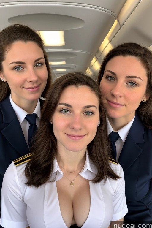 ai nude image of three women in uniform posing for a picture on a plane pics of Pubic Hair Busty Skinny Front View German Long Hair Brunette Fairer Skin Detailed Athlete Small Ass 18 Flight Attendant