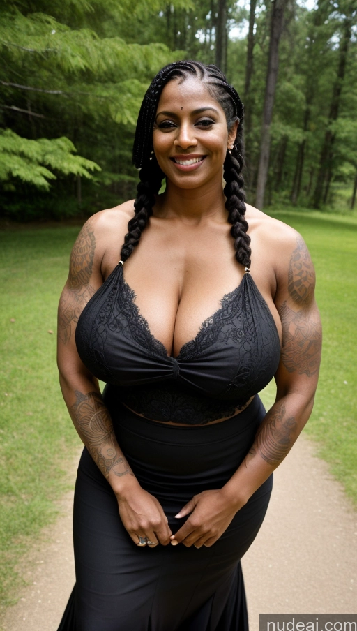 ai nude image of arafed woman in a black dress posing for a picture pics of Milf Huge Boobs Beautiful Tattoos Muscular Big Ass Big Hips Tall Dark Skin 40s Laughing Black Hair T-pose Detailed Sexy Face Lake Close-up View Thick Busty Indian Braided Blouse Long Skirt