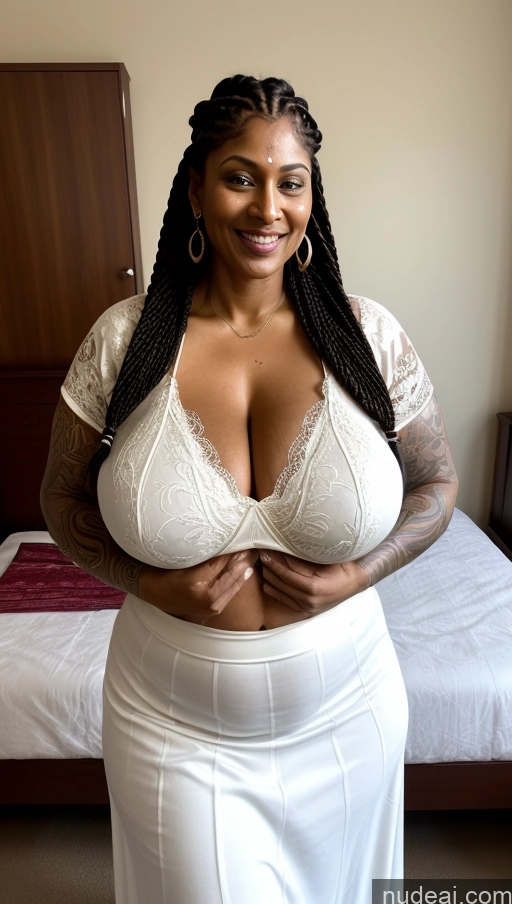 ai nude image of there is a woman in a white dress posing for a picture pics of Milf Huge Boobs Beautiful Tattoos Muscular Big Ass Big Hips Tall Dark Skin 40s Laughing T-pose Detailed Sexy Face Close-up View Thick Busty Indian Braided Blouse Long Skirt Ginger Fat Bedroom