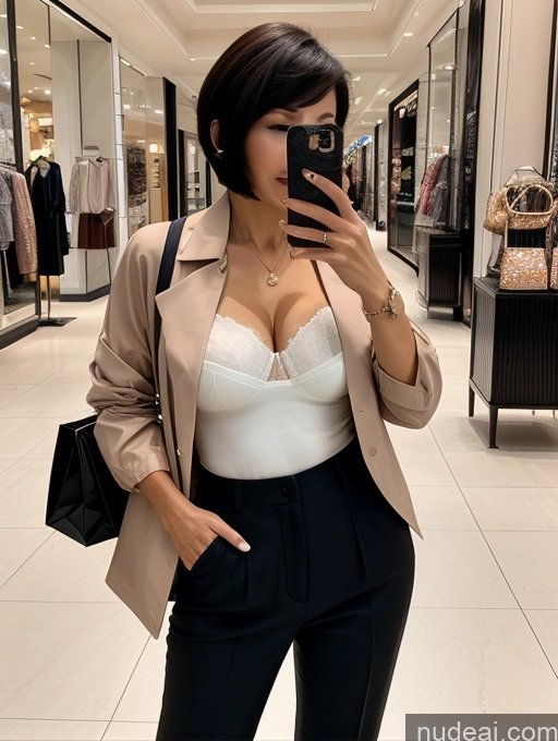 ai nude image of araffe woman taking a selfie in a store with a cell phone pics of Milf Two Perfect Boobs Beautiful Perfect Body Short Hair 70s Chinese Mall Blouse Bra Casual Jacket Professor Secretary Shirt Stylish Suit Cleavage Detailed Sexy Face