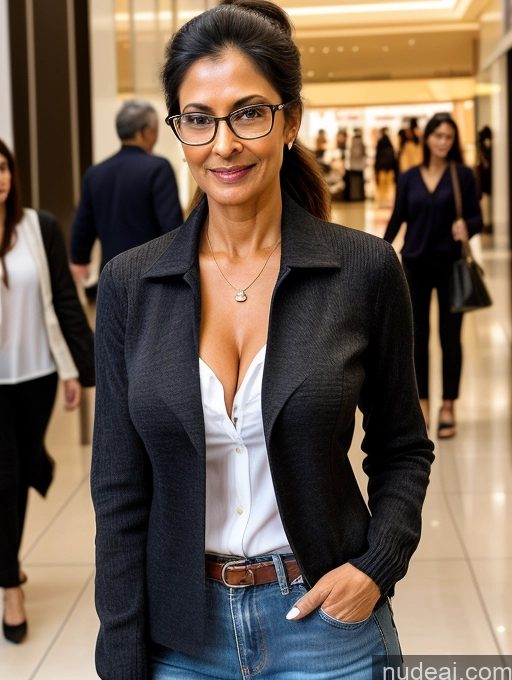 ai nude image of there is a woman in a black jacket and jeans posing for a picture pics of Milf Two Perfect Boobs Perfect Body Dark Skin 70s Indian Mall Blouse Casual Jacket Jeans Professor Secretary Shirt Stylish Sweater Cleavage Dark Lighting Detailed Sexy Face Glasses Ponytail