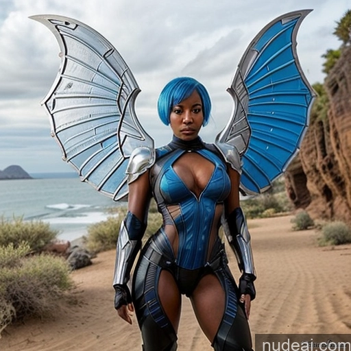 ai nude image of araffe woman in a blue costume with wings on a beach pics of Laughing Straddling Perfect Boobs Small Tits Sexy Face African Sci-fi Armor Transparent Blue Hair Pixie Science Fiction Style Bodybuilder Front View Superhero Has Wings One