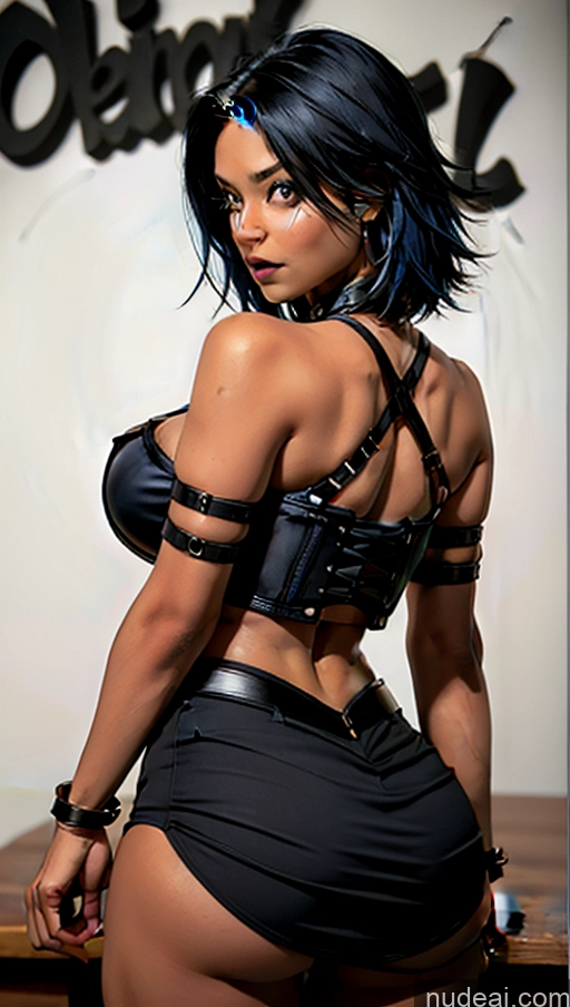 ai nude image of woman with blue hair and black leather outfit posing for a picture pics of Busty Perfect Boobs Pubic Hair Tanned Skin African Close-up View Goth Crop Top Round Ass Corset Blue Hair Objection!