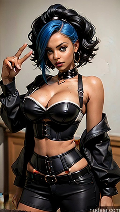 Busty Perfect Boobs Pubic Hair Tanned Skin African Close-up View Goth Crop Top Corset Blue Hair Objection!