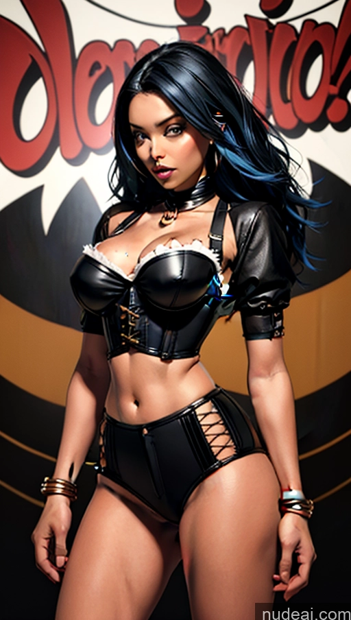 ai nude image of arafed woman in a black leather outfit posing for a picture pics of Busty Perfect Boobs Pubic Hair Tanned Skin African Close-up View Goth Crop Top Corset Blue Hair Objection! No Panties?