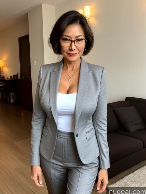 ai nude image of woman in a gray suit and glasses standing in a living room pics of Milf Perfect Boobs Beautiful Glasses Perfect Body 50s Seductive Pixie Chinese Party Blouse Casual Jacket Professor Secretary Shirt Stylish Suit Cleavage Detailed Sexy Face