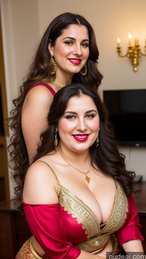 ai nude image of there are two women in red and gold outfits posing for a picture pics of Milf Busty Beautiful Lipstick Thick Chubby Fat Big Hips Fairer Skin 20s Happy Seductive Brunette Long Hair Russian Party Front View Straddling Blouse Sari Dirndl Victorian Cleavage Gold Jewelry