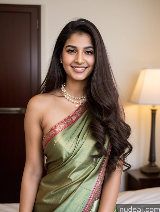 ai nude image of smiling woman in green sari posing for a picture in a hotel room pics of One Perfect Boobs Beautiful Perfect Body 18 Happy Brunette Long Hair Indian Surrealist Bedroom Front View Pearl Jewelry Bright Lighting Detailed Sari Lipstick Skinny Chubby Sorority