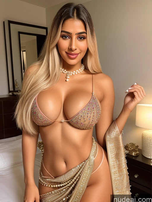 ai nude image of araffe woman in a gold sari posing in a hotel room pics of One Perfect Boobs Beautiful Perfect Body 18 Happy Brunette Long Hair Indian Surrealist Bedroom Front View Pearl Jewelry Bright Lighting Detailed Sari Lipstick Skinny Chubby Bimbo