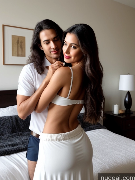 ai nude image of they are posing for a picture in a bedroom with a bed pics of One Perfect Boobs Beautiful Lipstick Big Ass Abs Perfect Body 30s Seductive Black Hair Indian Bedroom Spreading Legs Long Skirt Polo Shirt Sexy Face Busty Long Hair Back View Wine Woman + Man