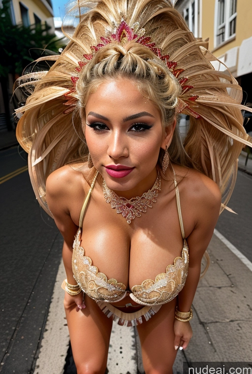 ai nude image of blond woman in a gold bra top and headpiece posing on a street pics of Miss Universe Model Busty Skinny Big Hips Tanned Skin 20s Seductive Pouting Lips Blonde Brazilian Film Photo Street Front View Traditional Cleavage Detailed Makima, Braided Ponytail Sexy Face Dance Dress: Samba Round Ass Huge Boobs