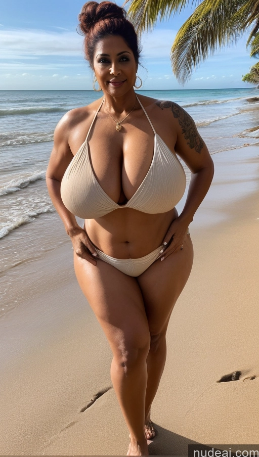 ai nude image of araffe woman in a white bikini posing on the beach pics of Milf Busty Huge Boobs Beautiful Thick Big Hips Tall Big Ass Tattoos Muscular Abs Dark Skin 50s Sexy Face Seductive Ginger Indian T-pose Beach Close-up View Hair Bun Blouse Sari