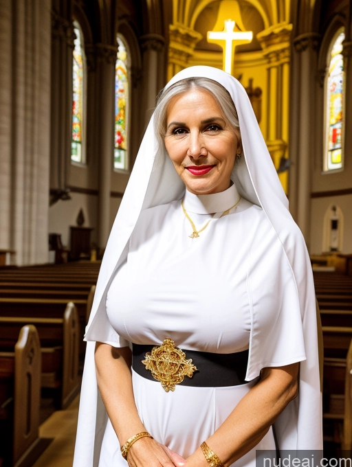 ai nude image of arafed woman in a white robe and a gold cross pics of Milf One Perfect Boobs Beautiful Lipstick Perfect Body Tanned Skin 50s German Front View Gold Jewelry White Hair Braided Sexy Face Church Nun