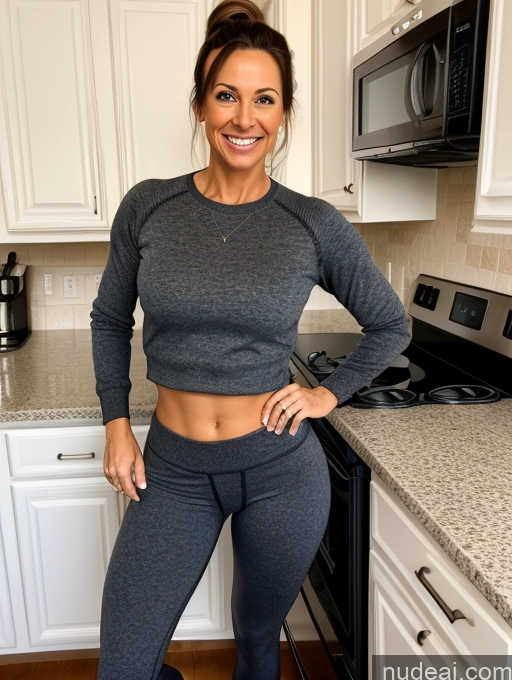 ai nude image of arafed woman in a gray top and grey pants standing in a kitchen pics of Small Tits Skinny Abs Small Ass Muscular Short 40s Happy Brunette Ponytail Yoga Pants Italian Kitchen Woman Sweater