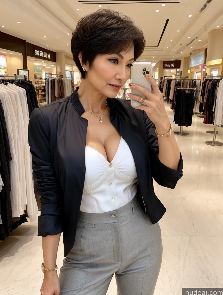 ai nude image of woman in a white shirt and black jacket taking a selfie pics of Milf Two Perfect Boobs Beautiful Perfect Body Short Hair 70s Chinese Mall Blouse Bra Casual Jacket Professor Secretary Shirt Stylish Suit Cleavage Detailed Sexy Face