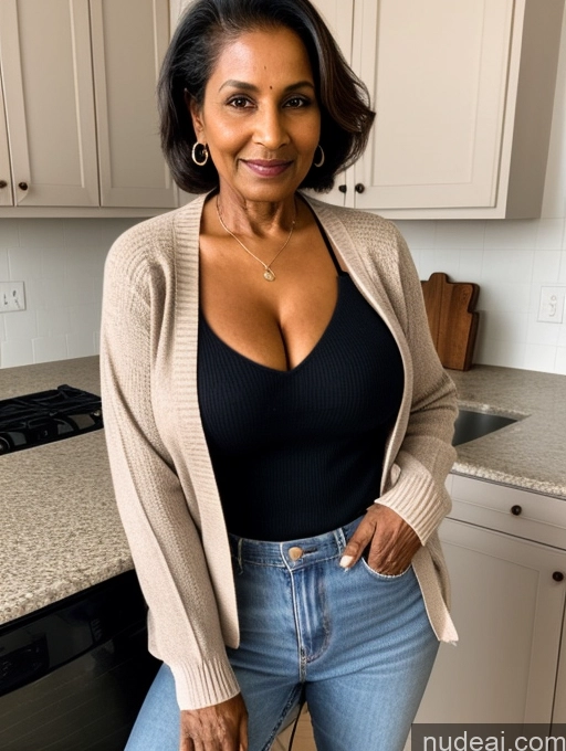 ai nude image of a close up of a woman in a kitchen wearing a black top and jeans pics of Milf Two Perfect Boobs Perfect Body Dark Skin 70s Indian Kitchen Jacket Jeans Professor Secretary Cleavage Partially Nude Detailed Sweater Stylish