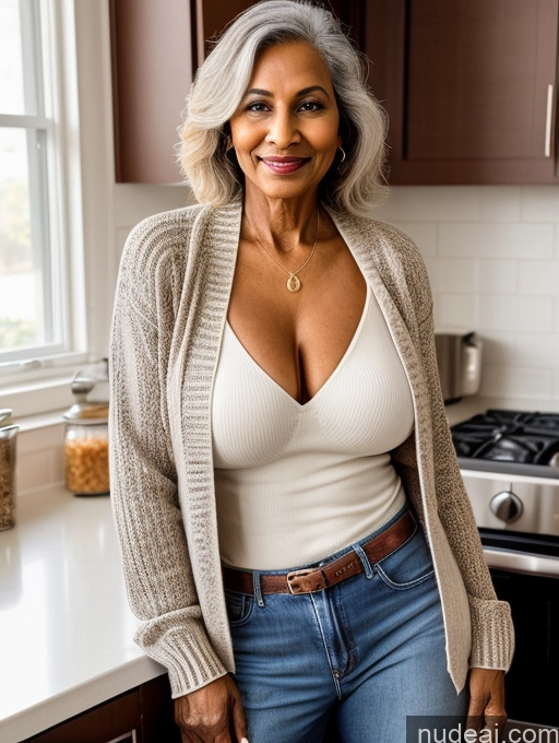 ai nude image of smiling woman in a kitchen with a stove and cabinets pics of Milf Two Perfect Boobs Perfect Body Dark Skin 70s Indian Kitchen Jacket Jeans Professor Secretary Stylish Sweater Cleavage Partially Nude Detailed