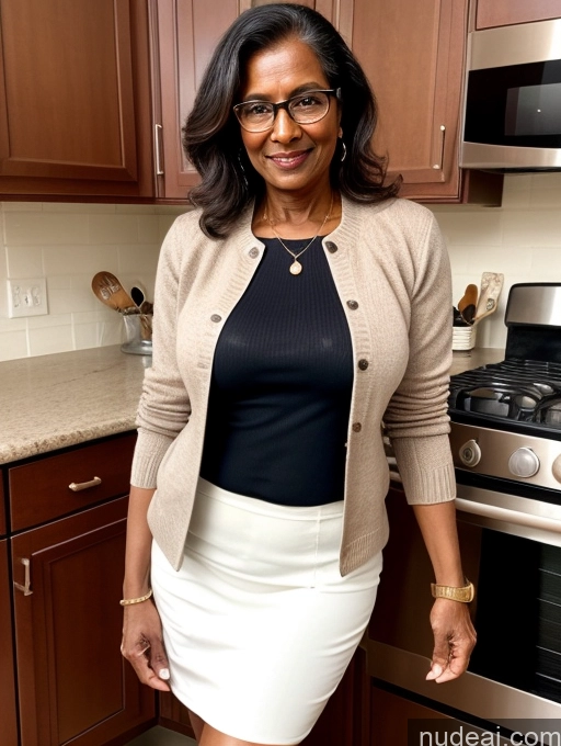 ai nude image of smiling woman in a kitchen with a stove and cabinets pics of Milf Two Perfect Boobs Perfect Body Dark Skin 70s Indian Kitchen Jacket Jeans Professor Secretary Stylish Sweater Cleavage Partially Nude Detailed