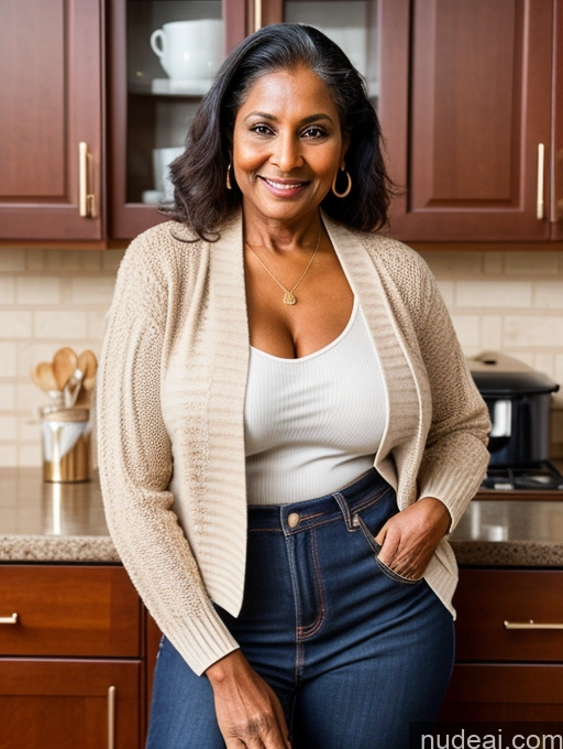 ai nude image of smiling woman in a kitchen with a brown cabinet and brown counter top pics of Milf Two Perfect Boobs Perfect Body Dark Skin 70s Indian Kitchen Jacket Jeans Professor Secretary Cleavage Partially Nude Detailed Sweater Stylish