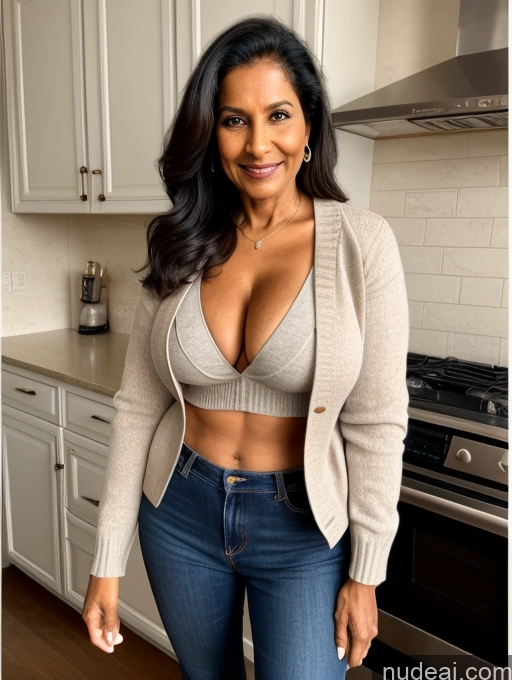 ai nude image of arafed woman in a tan sweater and jeans posing for a picture pics of Milf Two Perfect Boobs Perfect Body Dark Skin 70s Indian Kitchen Jacket Jeans Professor Secretary Stylish Sweater Cleavage Partially Nude Detailed