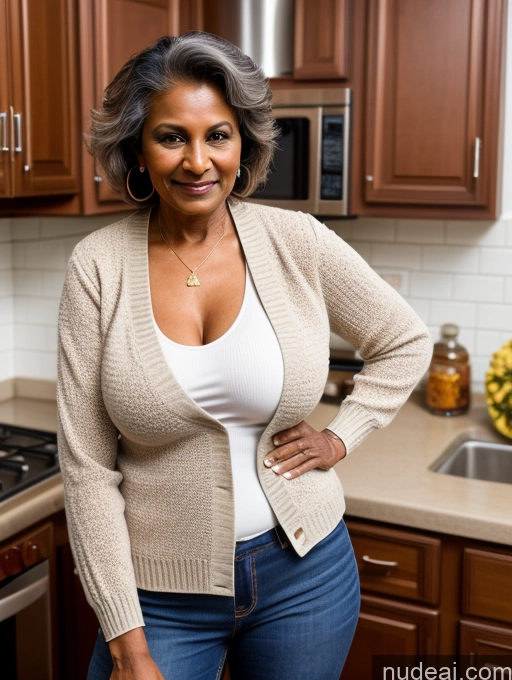 ai nude image of smiling woman in kitchen with brown cabinets and white top pics of Milf Two Perfect Boobs Perfect Body Dark Skin 70s Indian Kitchen Jacket Jeans Professor Secretary Stylish Sweater Cleavage Partially Nude Detailed