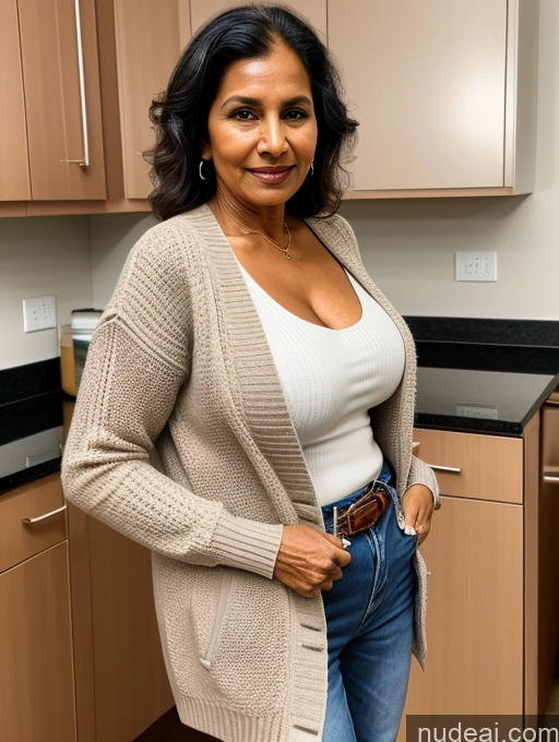 ai nude image of smiling woman in a kitchen with a brown cardigan sweater pics of Milf Two Perfect Boobs Perfect Body Dark Skin 70s Indian Kitchen Jacket Jeans Professor Secretary Stylish Sweater Cleavage Partially Nude Detailed