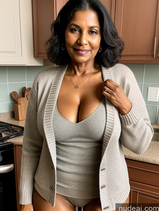 ai nude image of there is a woman in a gray sweater and a tan cardigan pics of Milf Two Perfect Boobs Perfect Body Dark Skin 70s Indian Kitchen Jacket Jeans Professor Secretary Stylish Sweater Cleavage Partially Nude Detailed