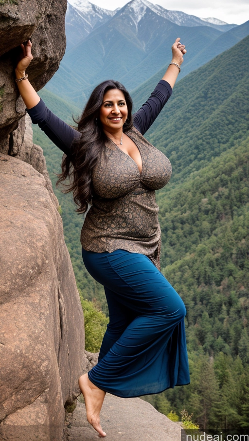 ai nude image of araffe woman standing on a rock with her arms outstretched in the air pics of Milf Huge Boobs Beautiful Tattoos Big Ass Thick Big Hips Tall Long Hair Dark Skin 50s Happy Indian Front View Dark Lighting Sexy Face Blouse Sari Busty Brunette Jumping Mountains