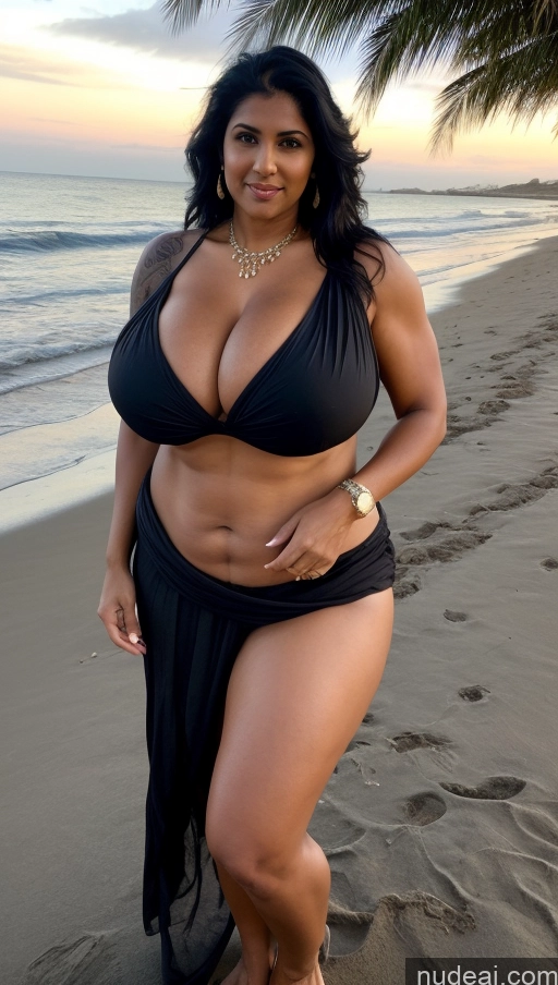 ai nude image of arafed woman in a black bikini posing on the beach pics of Milf Busty Huge Boobs Beautiful Tattoos Muscular Big Ass Abs Thick Fat Big Hips Tall Dark Skin 50s Indian Dark Lighting Sexy Face Black Hair Blouse Sari Long Hair Beach Front View T-pose